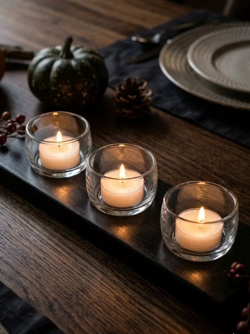 3-Cup Glass Votive/Tealight Candle Holder Centerpiece w/Black Wooden Tray Decor